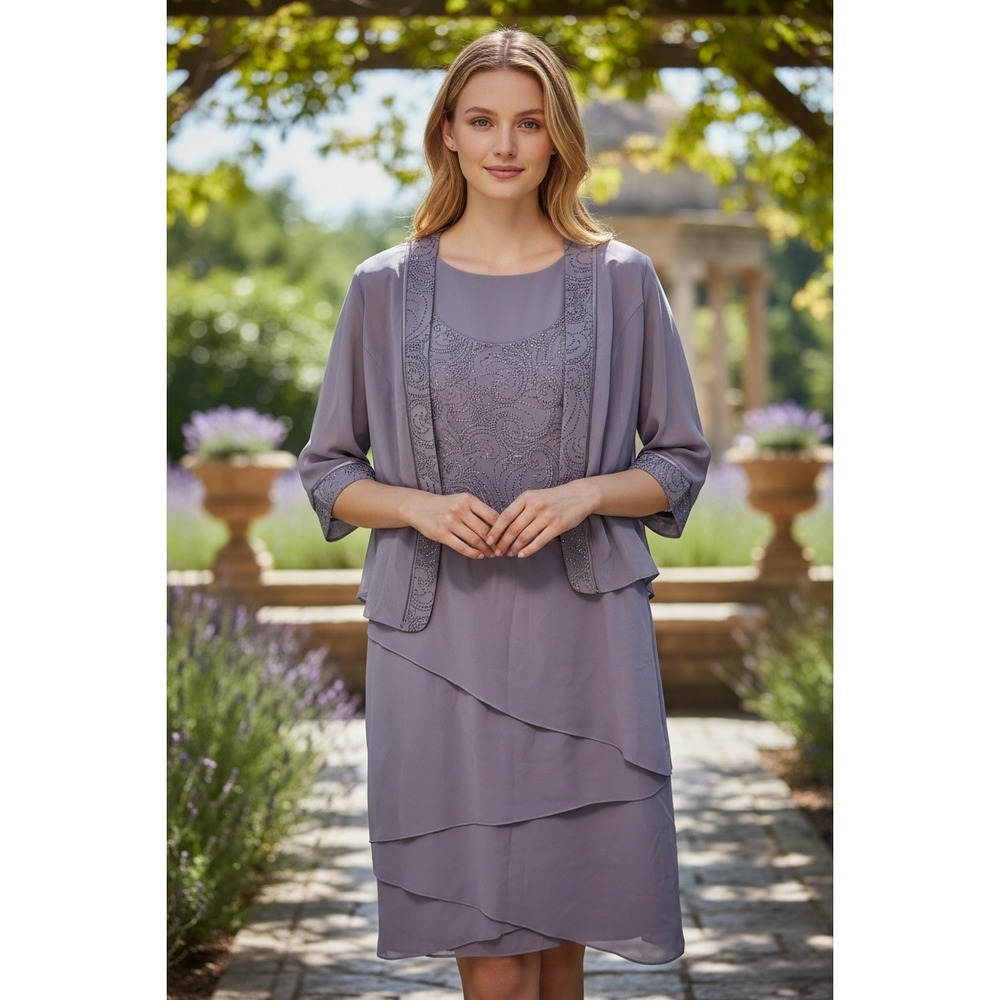 Maya Brooke Lavender Purple 2 Piece Dress Set Sequin Tiered Chiffon Size 14